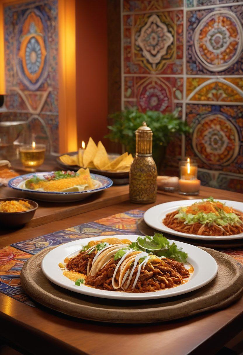 A luxurious dining scene featuring an elegantly set table with vibrant, upscale Mexican dishes. Think colorful, gourmet tacos, intricately presented modern takes on traditional enchiladas, and finely crafted cocktails with bright garnishes. The background should reflect a high-end, sophisticated Mexican ambiance with decorative tiles and mood lighting. super-realistic. vibrant colors. elegant setting.