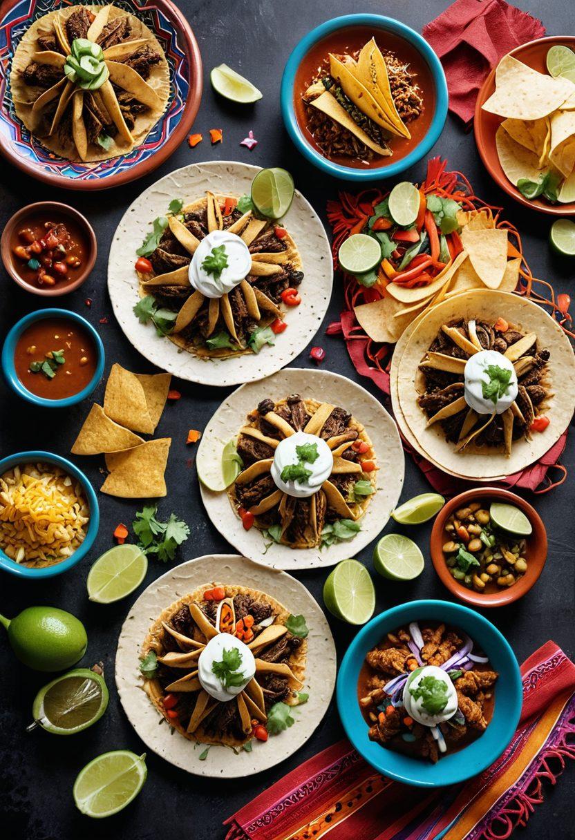 A vibrant and colorful food scene featuring an array of Mexican dishes from simple street tacos to elaborate gourmet meals, set against a festive background with Mexican cultural elements like papel picado and maracas. super-realistic. vivid colors. festive atmosphere. food photography.