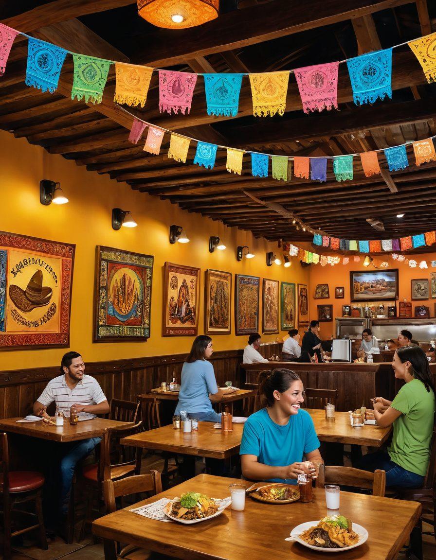 An inviting and vibrant scene of a traditional Mexican restaurant, La Hacienda, with rustic wooden tables, colorful papel picado banners hanging from the ceiling, and warm ambient lighting. Glimpses of authentic Mexican dishes like tacos, enchiladas, and a bowl of guacamole on the tables. Patrons enjoying their meals with smiling, friendly staff in the background. super-realistic. vibrant colors.